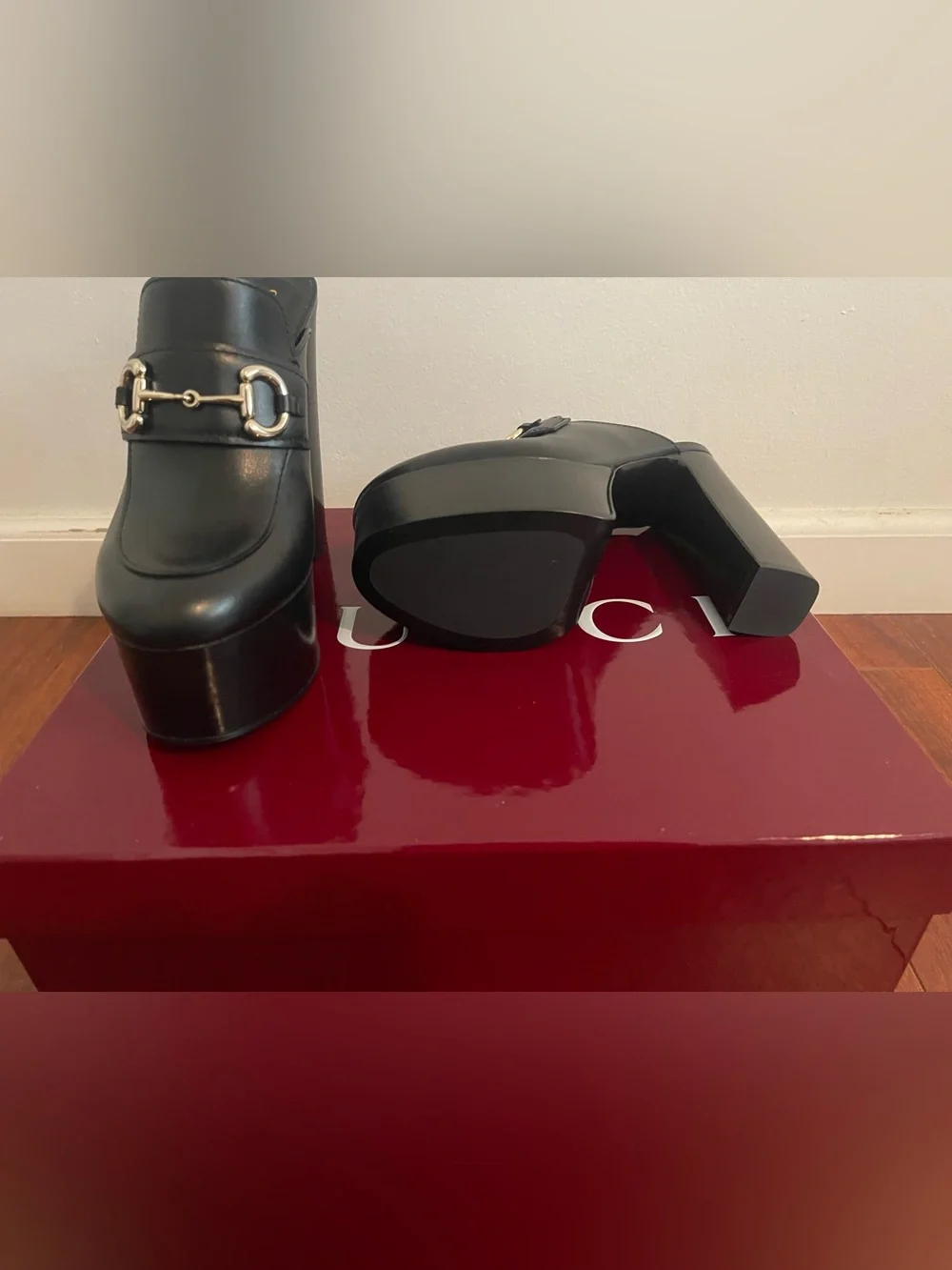 Gucci Black Leather Platform Mule Heels with Gold Horsebit